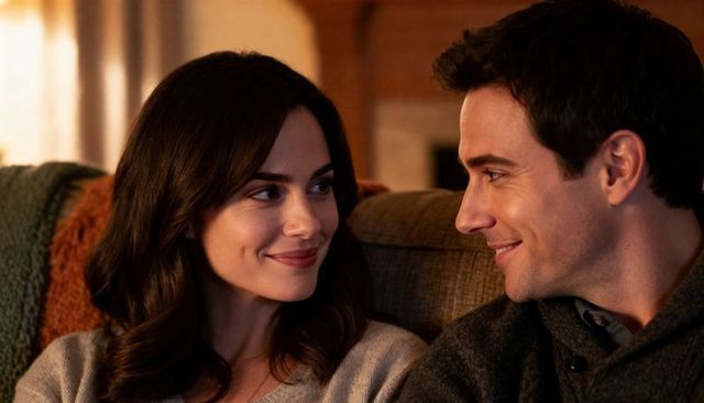 Romantic couple smiling and sharing eye contact on cozy couch with warm knit sweaters