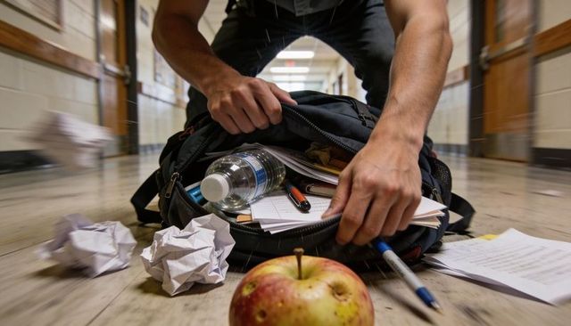 Frantic student searching backpack in school hallway with scattered papers and apple
