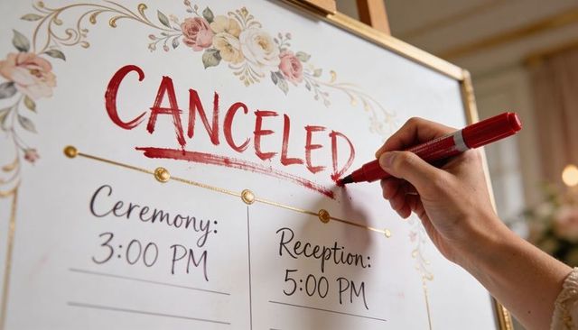 Bride marking canceled on wedding schedule board with red marker, floral gold frame on easel