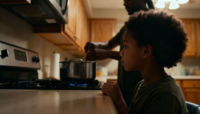 Curious child watching parent cooking on gas stove under warm kitchen lighting