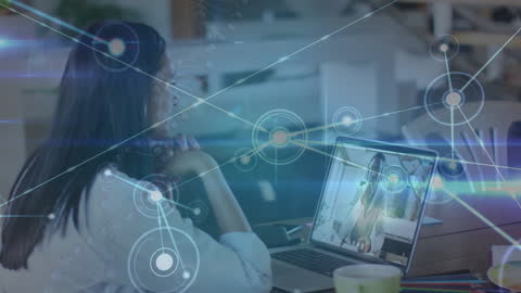 Businesswoman Engaging in Virtual Meeting with Futuristic Network Overlay