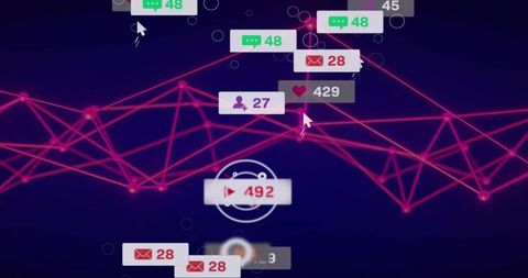 Neon Network Dashboard Displaying Social Media Notifications, Analytics Badges, Cursors