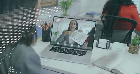 Businesswoman Presenting Virtual Meeting with Charts and Data