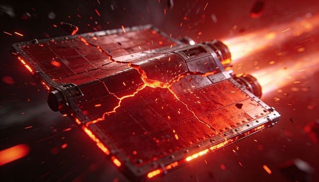 Armored spacecraft panel cracking with molten fissures and twin thrusters blazing
