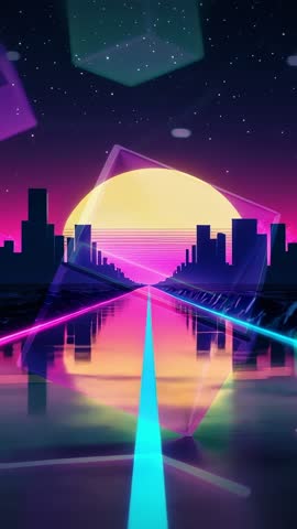 Pulsing Neon Highway Reflecting Skyline Toward Glowing Sun Halo Futuristic Cyberpunk Vertical Video