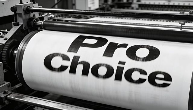 Printing press roller printing bold pro choice headline on high-speed industrial web press