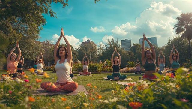 Women Practicing Yoga Outdoors in Scenic City Park