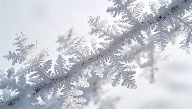 Dendritic hoarfrost crystals on twig macro showing intricate ice fern patterns