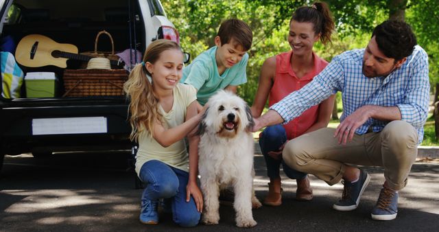 Happy Family with Dog Enjoying Outdoor Adventure Near Car - Download Free Stock Images Pikwizard.com