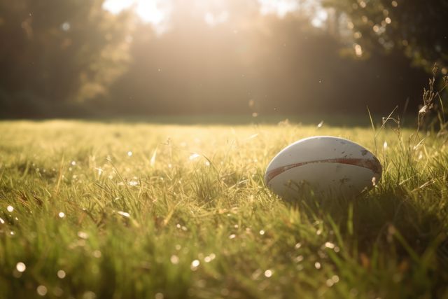 This image depicts a solitary rugby ball resting on a grassy field with the sun setting in the background, casting a warm light over the scene. Ideal for promoting sports, outdoor activities, and recreational campaigns. It can also be used in inspirational contexts related to sportsmanship and nature.