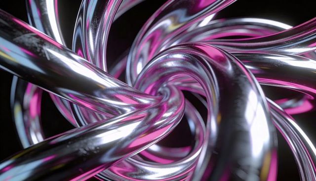 Twisting chrome tubes forming central knot with magenta and white highlights reflective abstract 3d