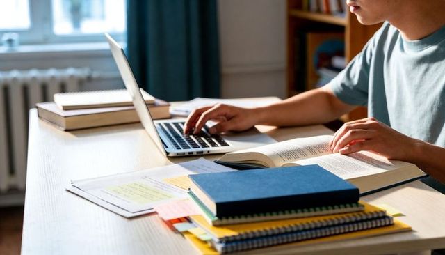 Asian teen studying at home desk with laptop and textbooks for online learning