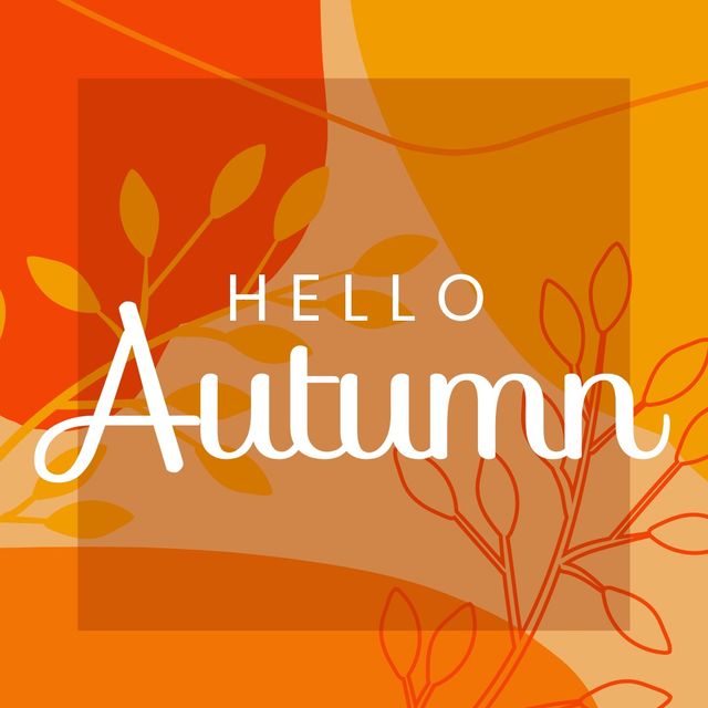 Illustrative image of hello autumn text with leaves against colorful background, copy space. Yellow, orange, beige, greeting, autumn season and nature concept.