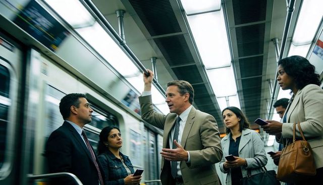 Corporate professional speaking to commuters on subway holding handrail during rush hour