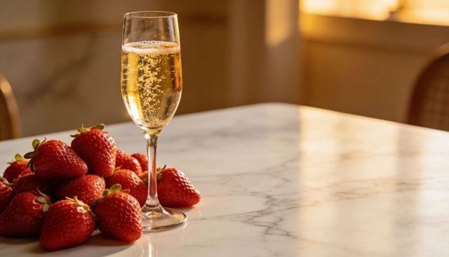 Sparkling champagne flute and ripe strawberries glowing in golden morning light on marble