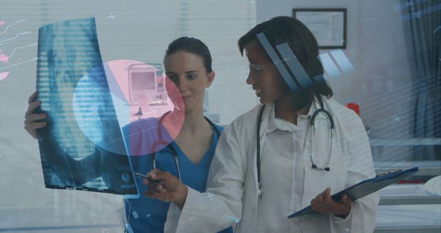A doctor and a patient are discussing an x-ray report. Global business data processing and communication concept digitally generated image.