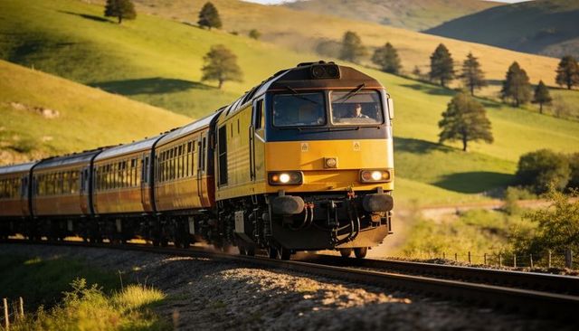 Yellow diesel locomotive curving through sunlit green hills at golden hour, rural scene