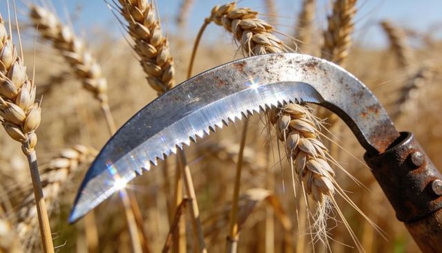 Glinting serrated sickle cutting ripe wheat heads in sunlit harvest field, rusted handle