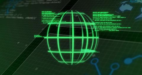 Neon Green Holographic Globe Wireframe with Code Overlays and Network Nodes