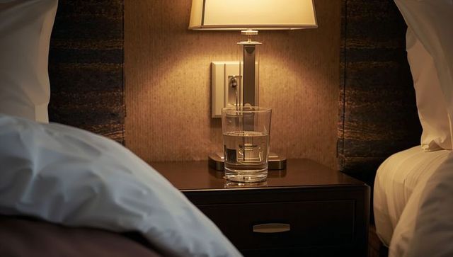 Warm bedside lamp illuminating glass of water on dark wood nightstand in hotel room