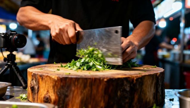Night market chef chopping fresh herbs with large cleaver on rustic wooden block close-up