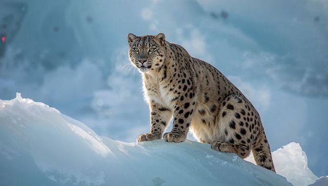 Snow leopard standing on glacial ice ridge, regal big cat in alpine winter landscape
