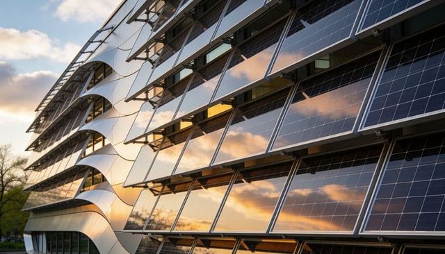Curved architectural facade with tilted solar panels reflecting sunset clouds and sky