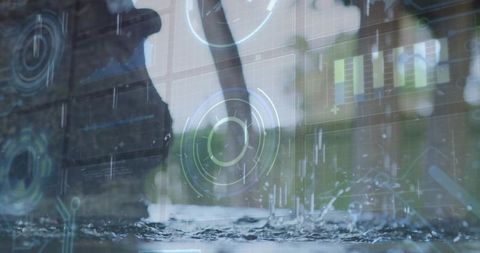 Stepping into urban rain splashing waterproof boot in puddle with futuristic hud overlay
