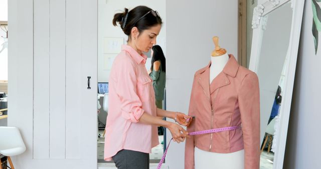 Focused caucasian female fashion designer measuring jacket on mannequin at studio, copy space. Teamwork, fashion, design, fashion studio, work and creative business, unaltered.