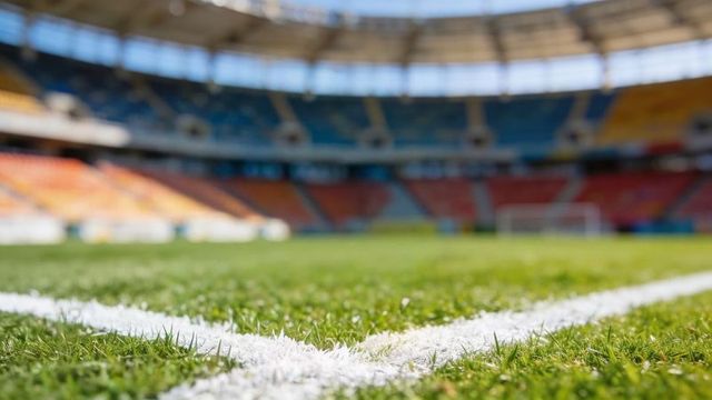 Close-up soccer pitch sideline on green turf featuring distant goal and colorful stands