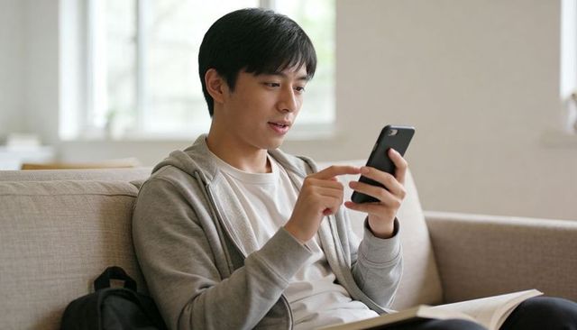Young asian man tapping smartphone on beige sofa with book and backpack, casual home study