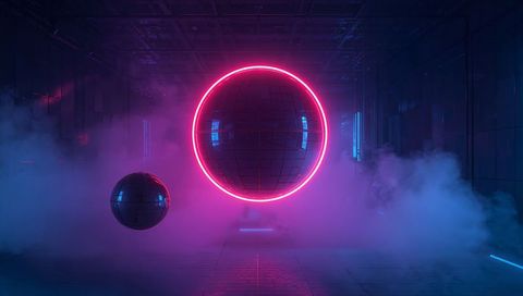 Hovering reflective orb with magenta neon halo in futuristic fog-filled chamber