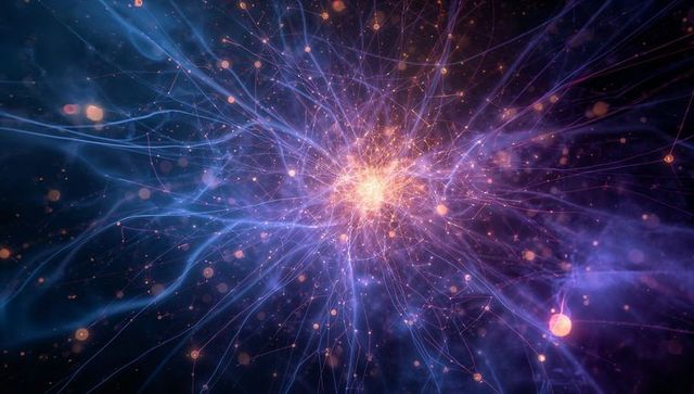 Radiant neural core radiating filaments and glowing nodes in violet nebula network