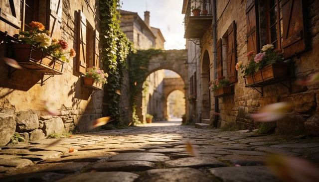 Sunlit cobblestone alley drawing eye toward stone archways with window boxes and ivy