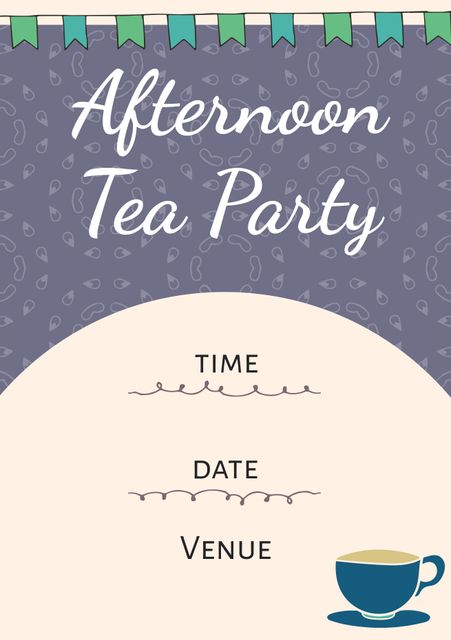 This charming, teacup-themed invitation is perfect for afternoon tea parties and social gatherings. The design features an elegant teacup illustration and ample space to fill in event details such as time, date, and venue, making it an ideal invitation for a refined get-together. Green and navy tones with whimsical banners add a decorative touch. It is a customizable template suitable for a tea party, women's gatherings, or social brunches.