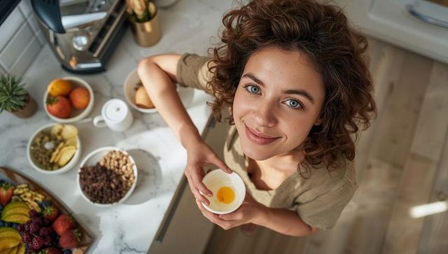 Woman preparing sunny breakfast with cracked egg over marble counter and fresh fruit