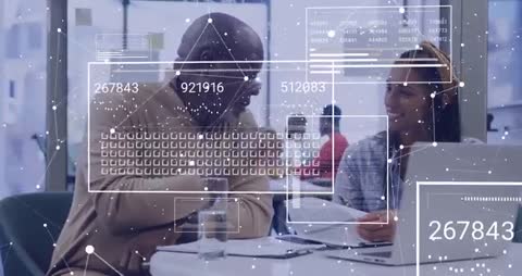 Business Colleagues Analyzing Data with Network Overlay Graphics