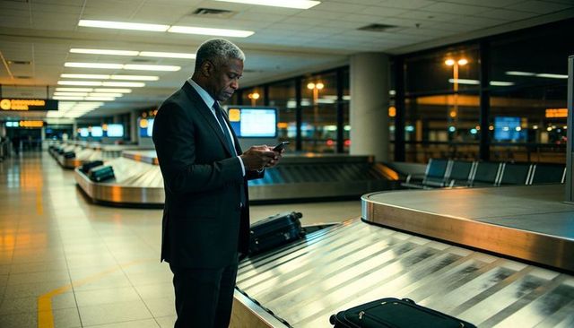 Executive standing at airport carousel checking phone late-night business travel solo