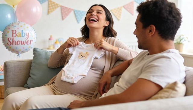 Laughing pregnant woman holding onesie while expectant couple celebrating baby shower