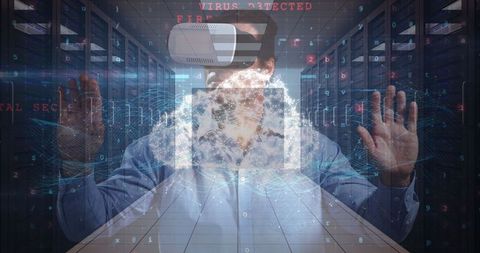 Businessman Interacting with Virtual Reality Interface in Data Center - Download Free Stock Images Pikwizard.com