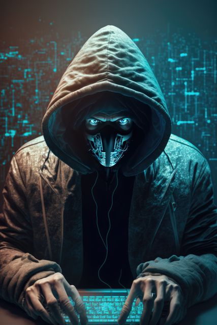 Mysterious individual wearing a hood and a mask, sitting in front of a computer with a futuristic, digital background. Ideal for illustrating cybersecurity threats, online anonymity, and digital crime in articles, blogs, presentations, and educational content on information security.