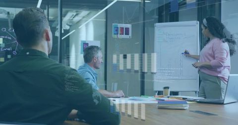 Woman presenting growth chart in modern glass boardroom during collaborative team meeting
