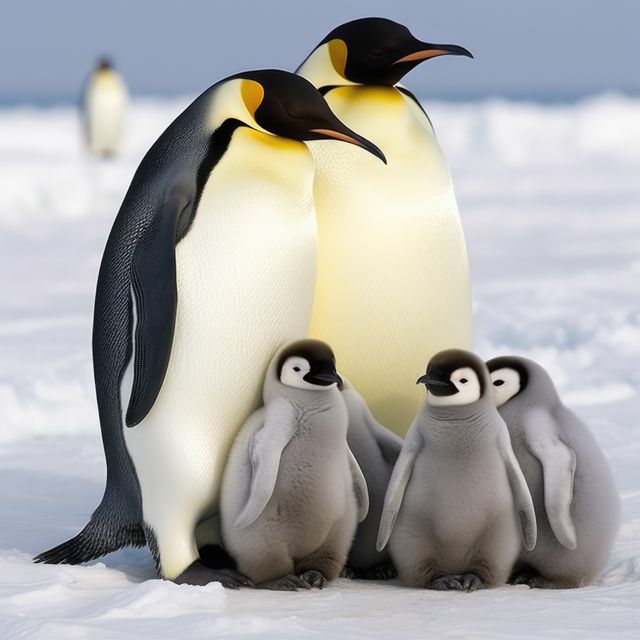 Close up of two emperor penguins with chicks in snow, created using generative ai technology. Nature, animal and wildlife concept digitally generated image.