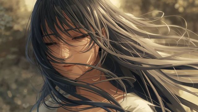 Gazing anime woman with flowing hair catching golden sunlight in backlit portrait