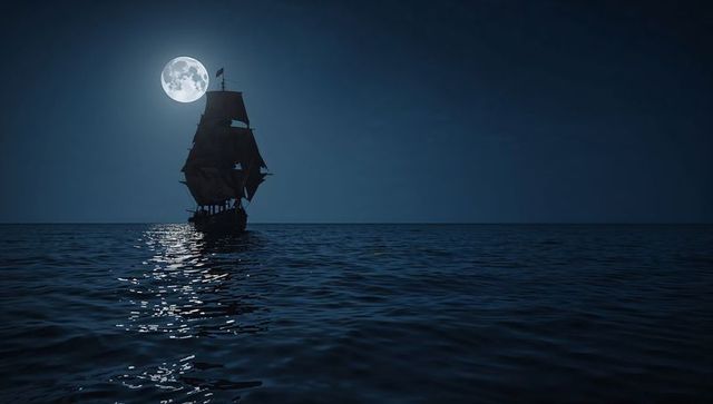 Sailing Ship Silhouette Under Full Moon on Calm Ocean