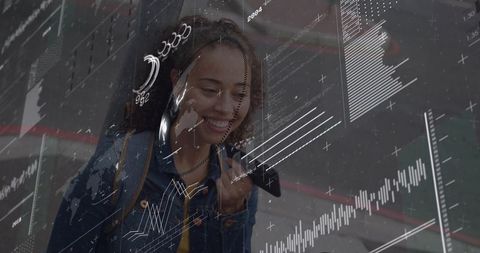 Smiling woman speaking into smartphone during commute with AR data visualizations and graphs