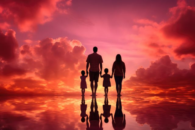 Silhouette of couple with son and daughter at sunset, created using generative ai technology. Sunset family silhouette and nature concept digitally generated image.
