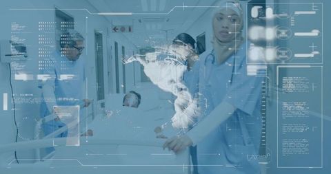 Medical Team Speeding with Patient in High-Tech Hospital Corridor