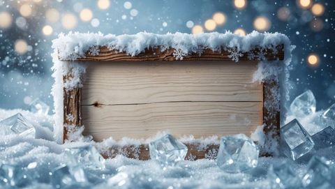 Rustic Wooden Sign in Snowy Winter Wonderland with Bokeh Lights
