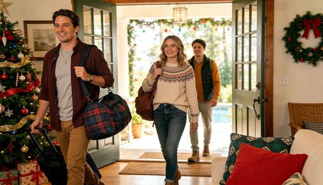 Young friends arriving home for christmas carrying luggage, duffel bags and gifts